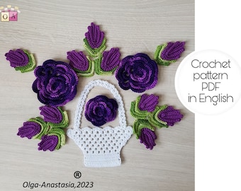 Flower and leaves with a basket crochet pattern- Irish lace crochet pattern- crochet pattern flower composition for Mothers Day gift