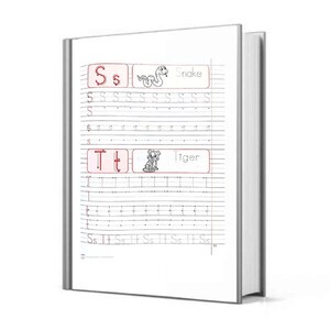 May include: A workbook with lined pages for practising writing the letters S and T. The pages include a picture of a snake and the word "snake" and a picture of a tiger and the word "tiger".
