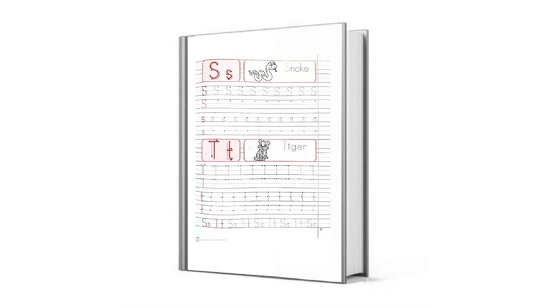 May include: A workbook with lined pages for practising writing the letters S and T. The pages include a picture of a snake and the word "snake" and a picture of a tiger and the word "tiger".