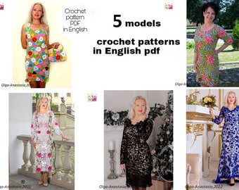 Crochet pattern dress- Irish lace- 5 models dress pattern- crochet pattern - motif 3D crochet pattern- crochet tutorial -crochet instruction