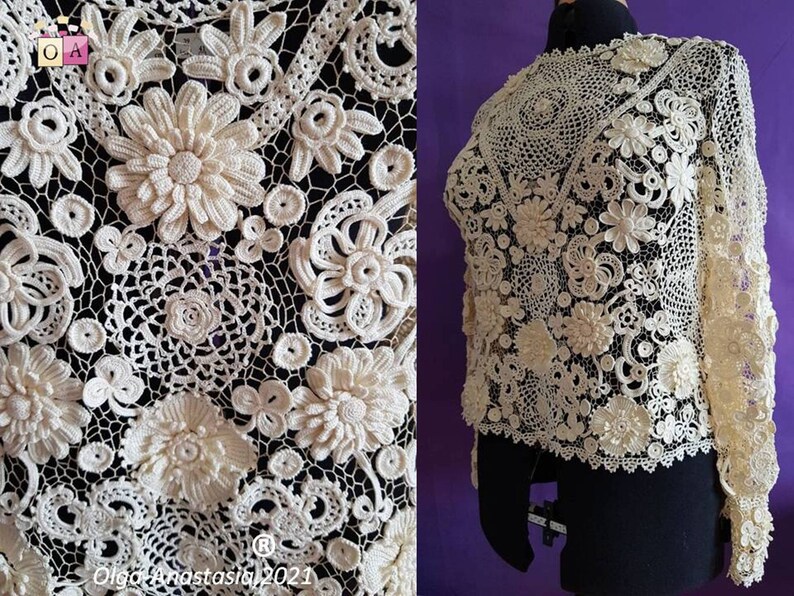 May include: A white crocheted top with a delicate floral pattern. The top features intricate lacework and a variety of flower designs.