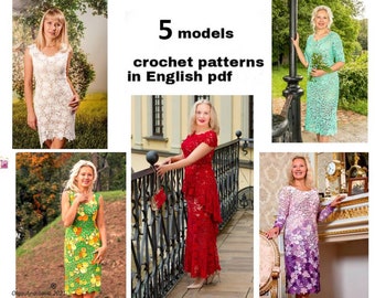 Crochet pattern dress- Irish lace- 5 models dress pattern- crochet pattern - motif 3D crochet pattern- crochet tutorial -crochet instruction