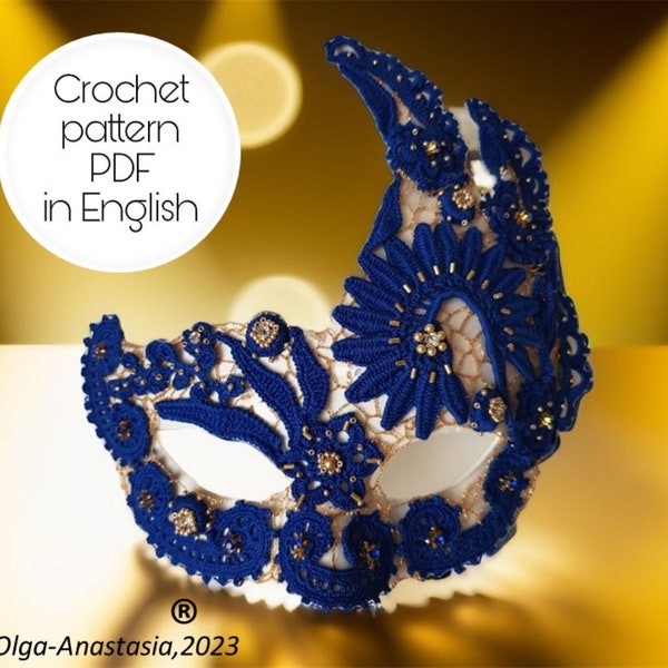 Crochet pattern carnival royal blue mask Irish lace -carnival mask crochet DIY -Crochet tutorial carnival parties, Masquerade party craft