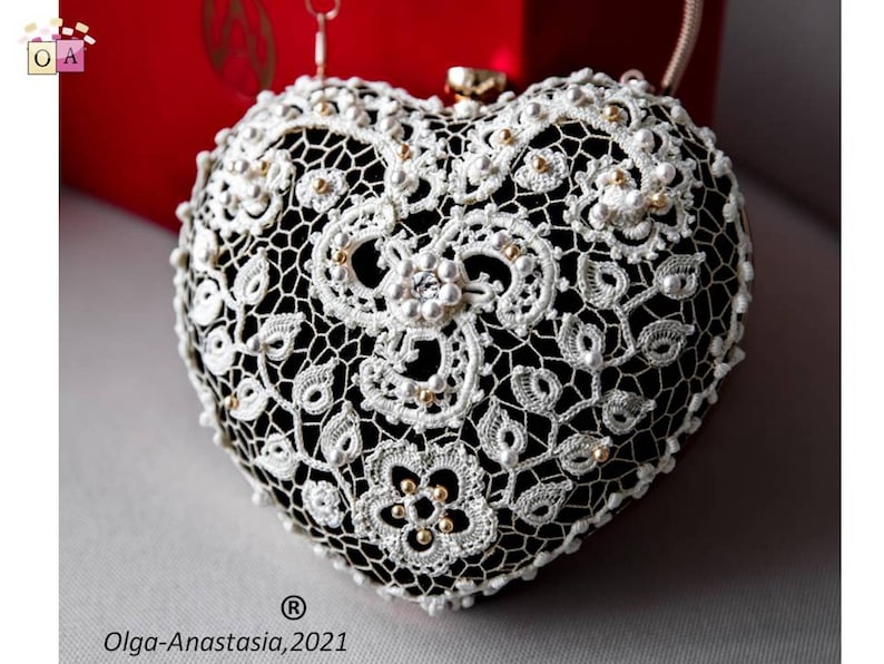 Bag crochet pattern Irish lace motif crochet crochet tutorial Evening bag pattern detailed tutorial Heart bag Wedding bag decor lace image 3