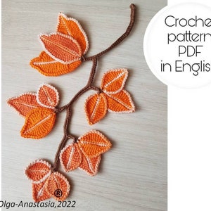 Modello di foglie di rami all'uncinetto color arancio e corallo - Modello di pizzo irlandese all'uncinetto - Tutorial dettagliato modello di applicazione di foglie all'uncinetto - Foglia del Ringraziamento
