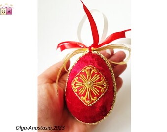 SOLD Red and white and golden thread embroidery Easter egg decoration custom made -classic handmade egg Easter -Easter egg  tree collection