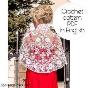 Encaje irlandés. Patrón de chal de crochet blanco - patrón de capa de crochet para iglesia, chal de boda, chal de bautismo, chal de Pascua - tutorial de crochet.