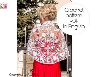 Irish lace. Pattern crochet shawl white - pattern crochet cape in Church, wedding shawl, baptism shawl, Easter shawl - crochet tutorial.