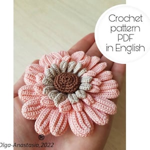 Crochet gerbera flower pattern- crochet pattern in English, Crochet pattern motif flower applique, home décor -motif 3D crochet pattern