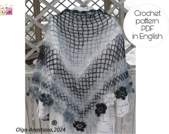 Crochet Wrap Shawl Pattern: Gray Irish Lace, 3D Floral Border (PDF)