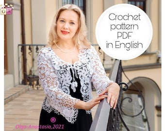 Irish lace - crochet pattern - white wedding bridal jacket with floral print for woman - crochet flowers pattern - crochet lace pattern .