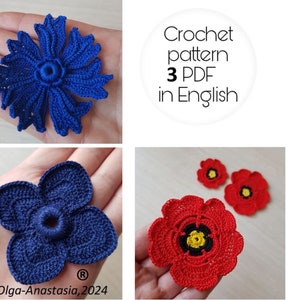 Könnte beinhalten: Häkelmuster für drei Blumen in Blau und Rot. Das Muster ist in englischer Sprache als PDF-Download verfügbar. Der Text "Crochet pattern 3 PDF in English" ist im Bild sichtbar.
