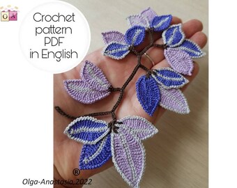 Irish Lace Crochet Branch Pattern: Purple Flower, Leaves (PDF Pattern)