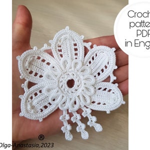 Antique flower crochet pattern- Irish lace crochet pattern motif 3D - crochet vintage flower with tassels