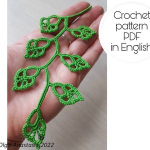 Crochet branch with leaves  pattern  - Irish lace branch -pattern crochet  - detailed tutorial crochet -crochet leaf applique pattern