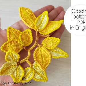 Yellow crochet branch leaves pattern- Irish lace branch -pattern crochet-detailed tutorial crochet leaf applique pattern-Thanksgiving leaf