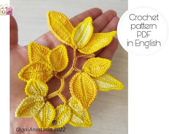 Yellow crochet branch leaves pattern- Irish lace branch -pattern crochet-detailed tutorial crochet leaf applique pattern-Thanksgiving leaf