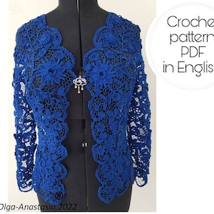 Irish Lace Crochet Pattern -Royal blue Crochet Flower Cardigan for Women Long Sleeve Floral Print -crochet tutorial- wedding cover up lace