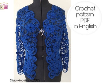 Irish Lace Crochet Pattern -Royal blue Crochet Flower Cardigan for Women Long Sleeve Floral Print -crochet tutorial- wedding cover up lace