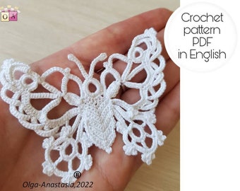 Butterfly crochet pattern- Irish lace crochet pattern in English, antique motif Butterfly-motif 3D crochet pattern- crochet tutorials.