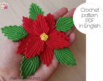 Crochet Poinsettia Pattern - Christmas Crochet Pattern - Crochet detailed tutorial -Christmas Home Decor- Christmas Gift Pattern