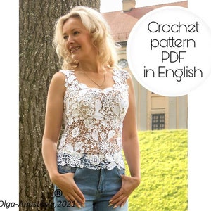 Moderno modello di pizzo irlandese all'uncinetto, camicetta bianca senza maniche in pizzo per donna per l'estate con stampa floreale - uncinetto donna boho pizzo - uncinetto.