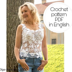 Modern Irish lace pattern crochet, lace white sleeveless blouse for women for summer with floral print -crochet woman boho lacy- crochet.