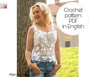 Modern Irish lace pattern crochet, lace white sleeveless blouse for women for summer with floral print -crochet woman boho lacy- crochet.