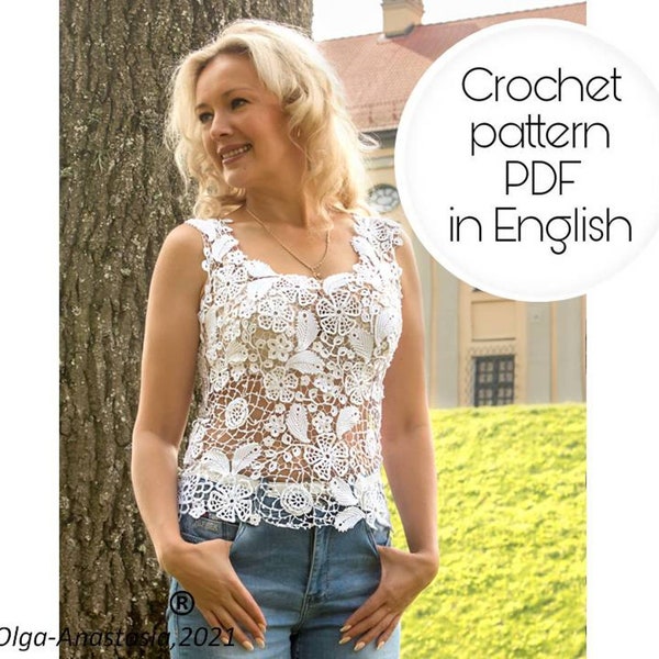 Patrón de encaje irlandés moderno crochet, blusa blanca sin mangas de encaje para mujer para verano con estampado floral -crochet mujer boho lacy- crochet.