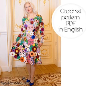 Bright Summer Irish Crochet Lace Pattern-  woman bright floral dress long sleeve crochet tutorial -33 crochet motifs included in instruction
