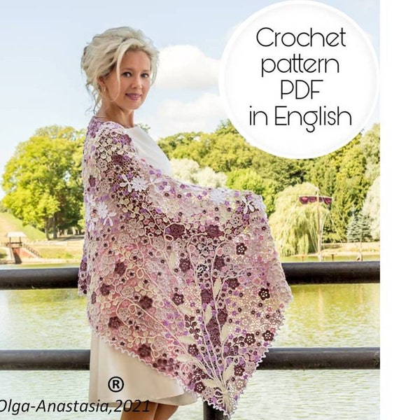 Crochet Pattern- Irish lace shawl, wedding scarf of flowers, shawl winter for women