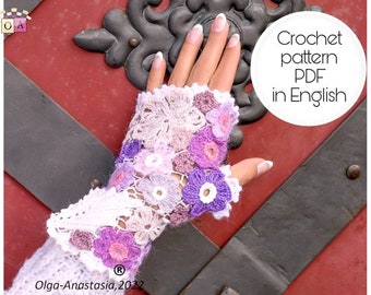 May include: A close-up of a hand wearing a crocheted fingerless glove with purple, pink, and white flowers. The glove is on a red wooden background. The text "Crochet pattern PDF in English" is in a white circle on the right side of the image.