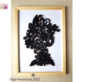 Queen Elizabeth II Irish crochet lace home décor- in Honor of Her Majesty crochet -Black Irish lace lonely Majesty crochet wall décor