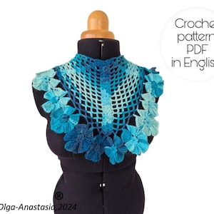 Pattern crochet Shawl - Irish lace wrap Shawl blue with puffy flowers - detailed tutorial crochet - 3D floral woman lace shawl pattern