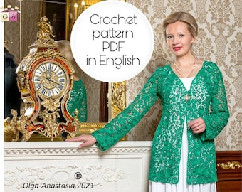 Irish Lace Crochet Cardigan Pattern: Emerald Green Floral Design (PDF Pattern)
