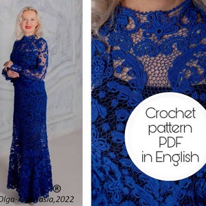 Blue crochet costume dress pattern, Irish lace dress - crochet flower -Family heirloom -motif 3D flowers pattern- detailed tutorial crochet