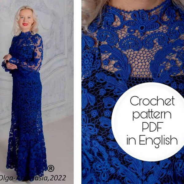 Blue crochet costume dress pattern, Irish lace dress - crochet flower -Family heirloom -motif 3D flowers pattern- detailed tutorial crochet
