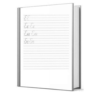 May include: A white notebook with lined pages and a gray cover. The notebook has a spine and is closed. The notebook has the letter "E" written on the first few pages.