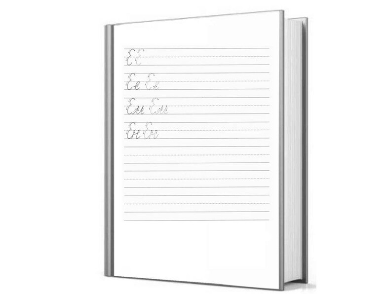 May include: A white notebook with lined pages and a gray cover. The notebook has a spine and is closed. The notebook has the letter "E" written on the first few pages.