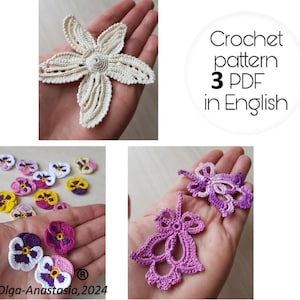 Set of 3 crochet flowers pattern - Purple motif pattern crochet- vintage crochet - pattern crochet flower tutorial - flower motif pattern