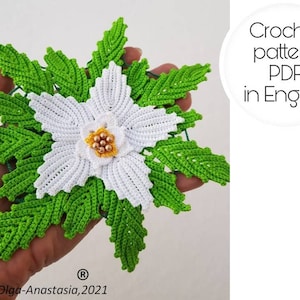 Puede incluir: Un patrón de crochet para una flor blanca con hojas verdes. El patrón está disponible para descargar en PDF en inglés.
