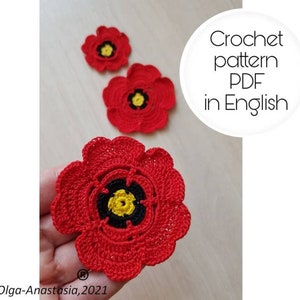 Pizzo irlandese - Motivo all'uncinetto a forma di fiore di papavero in inglese, motivo antico - motivo all'uncinetto 3D - tutorial dettagliato all'uncinetto - fiore di papavero