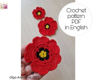 Irish lace - Poppy flower crochet pattern in English, antique motif -motif 3D crochet pattern- detailed tutorial crochet - poppy flower