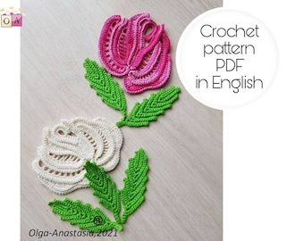 Roses and leaves crochet pattern- Irish lace crochet pattern -motif 3D crochet pattern- crochet pattern flower - crochet lace motif pattern