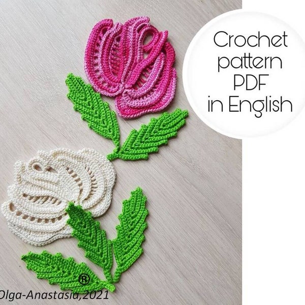 Roses and leaves crochet pattern- Irish lace crochet pattern -motif 3D crochet pattern- crochet pattern flower - crochet lace motif pattern