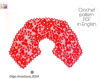 May include: Red crochet lace pattern in the shape of an arch. The pattern is available as a PDF download in English.