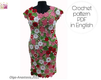 May include: Crochet pattern PDF in English for a floral dress with red, pink, white, and green flowers. The dress is on a mannequin.  Olga-Anastasia, 2022.