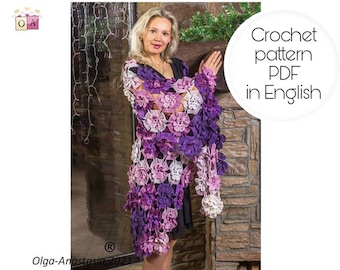 Crochet Wrap Shawl Pattern: Irish Lace, 3D Flowers (PDF Tutorial)