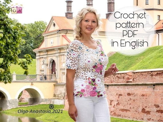 Crochet Blouse Pattern: Irish Lace Flowers, Vintage Style (PDF Pattern)