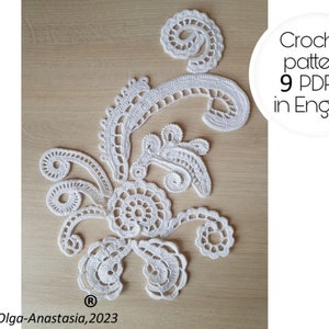 Flower and scrolls crochet pattern- Irish lace crochet pattern - Scroll composition for Clones lace motifs 3D crochet instruction